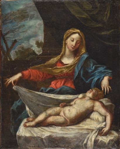 Ecole Italienne du XVIIIe siècle 
Vierge couvrant l'Enfant Jésus
Huile sur toile
H....