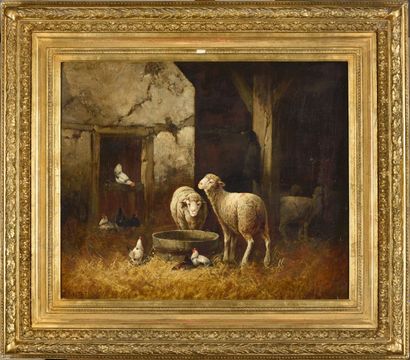ROBERTI XIXe siècle 
Brebis et poules
Huile sur toile, signée en bas à gauche
H....