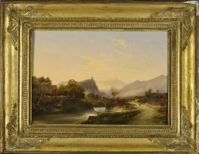 Antoine GUINDRAND (1801-1843) 
Bord de rivière animé
Huile sur toile, signée en bas...