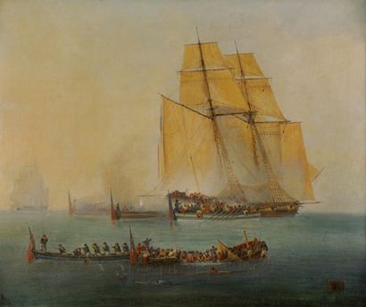 Attribué à Hermanus I KOEKKOEK (1815-1882) 
Combat naval
Huile sur toile monogrammée...