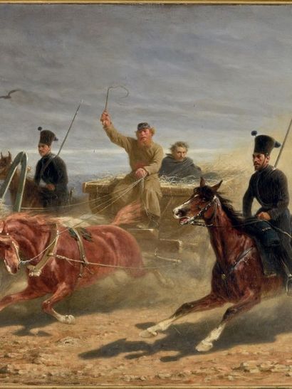 Adolphe YVON (1817-1923) 
Transport de prisonniers russes par des cosaques
Huile...