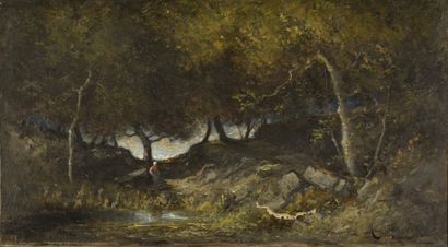 Marius Fréderic MANIQUET (1822-1896) 
Sous-bois animé près de la mare
Huile sur toile,...