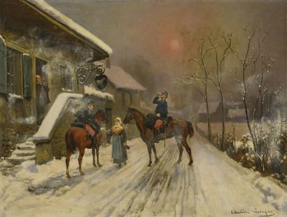 Théodore LEVIGNE(1848-1912) 
Halte des cavaliers
Huile sur toile, signée en bas...