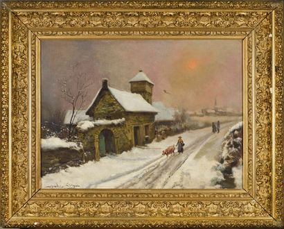 Théodore LEVIGNE(1848-1912) 
Relais de poste sous la neige
Huile sur toile, signée...