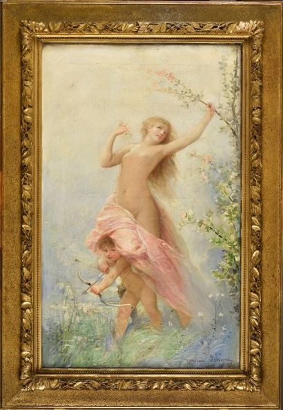 Théodore LEVIGNE(1848-1912) 
Venus sur un amour tirant sa flèche, 1888
Huile sur...