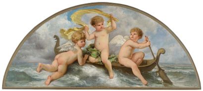 Théodore LEVIGNE(1848-1912) 
Trois amours sur une barque
Huile sur toile marouflée...