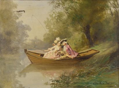 Théodore LEVIGNE(1848-1912) 
La pêche galante
Huile sur toile, signée en bas à droite
H....