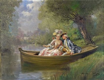 Théodore LEVIGNE(1848-1912) 
La pêche galante
La rencontre sur le pont de bois
Paire...