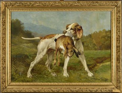 Théodore LEVIGNE (1848-1912) 
Chien de chasse tenant un lièvre dans sa gueule
Huile...
