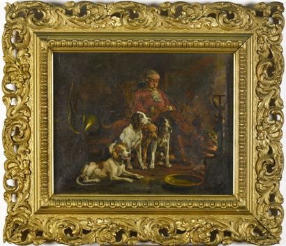 Théodore LEVIGNE(1848-1912) 
Le repos du piqueux
Huile sur toile, signée en bas...