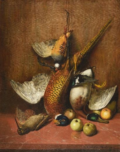 Théodore LEVIGNE(1848-1912) 
Trophées de chasse
Paire d'huiles sur toiles, signées...