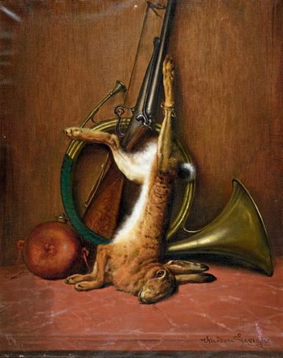 Théodore LEVIGNE(1848-1912) 
Trophées de chasse
Paire d'huiles sur toiles, signées...