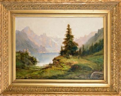 Théodore LEVIGNE(1848-1912) 
Paysage de montagne
Huile sur toile, signée en bas...