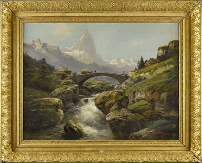 Théodore LEVIGNE(1848-1912) 
Pont de pierre et torrent de montagne
Huile sur toile,...