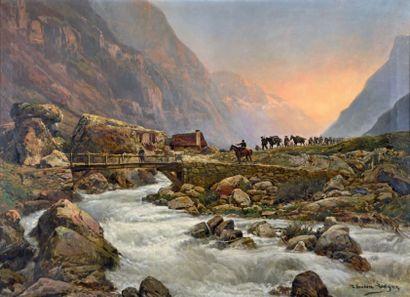 Théodore LEVIGNE (1848-1912) 
Artilleurs de montagne en manoeuvre sur la route de...