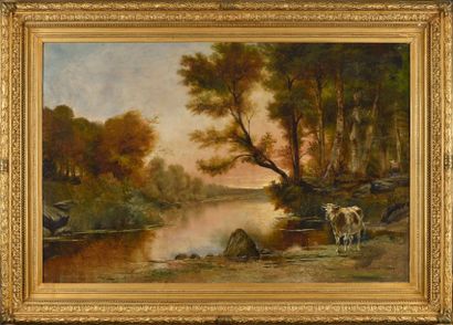 dans le gout de Théodore LEVIGNE(1848-1912) 
Vaches devant l'étang, 1886
Huile sur...