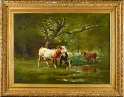 Théodore LEVIGNE(1848-1912) 
Vaches s'abreuvant
Huile sur toile, signée en bas à...