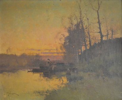 EUGENE GALIANI (1854-1941) 
Promeneuse près de la mare
Bord de rivière animé
Deux...