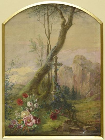 Jules GAYET (1826-?), école LYONNAISE du XIXe siècle 
Paysages fleuris au calvaire...