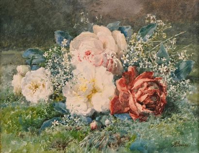 François RIVOIRE (1842-1919) 
Jeté de roses
Aquarelle, signée en bas à droite
H....
