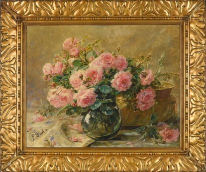 Pierre Nicolas EULER (1846-1915) 
Bouquet de roses et bassin
Huile sur toile, signée...