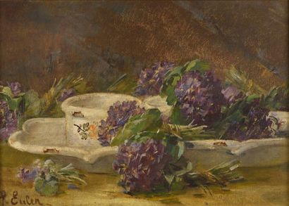 Pierre Nicolas EULER (1846-1915) 
Huilier vinaigrier en faïence et bouquet de violettes
Huile...