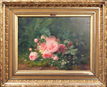 Jules MEDARD (1855 - 1925) 
Jetée de roses et papillon
Huile sur toile signée en...
