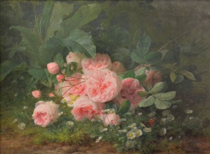 Jules MEDARD (1855 - 1925) 
Jetée de roses et papillon
Huile sur toile signée en...