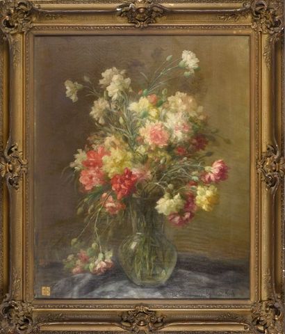 Marthe-Elisabeth BARBAUD-KOCH (1862-1928) 
Oeillets dans un vase
Huile sur toile,...