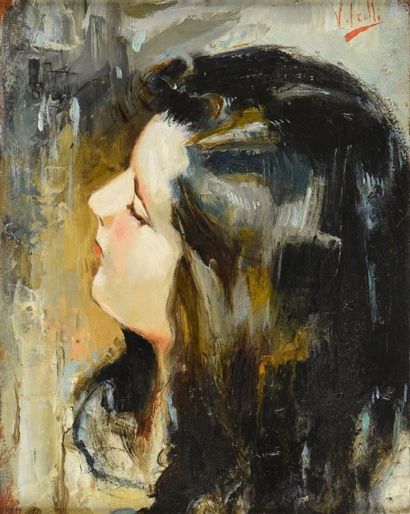 Vincenzo Irolli (1860-1942) 
Jeune femme de profil vers la droite,
Huile sur toile...