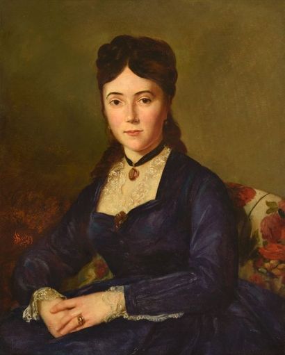 Jean SCOHY (1824-1897), école lyonnaise 
Portrait de femme à la robe bleu nuit, 1873
Huile...