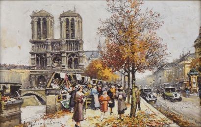 Eugène GALIEN-LALOUE (1854-1941) 
Notre-Dame et les bouquinistes, vers 1938
Gouache...