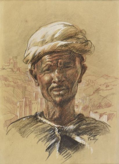Henri Jean PONTOY (1888-1968) 
Homme de la Casbah, Maroc
Dessin au trois crayon,...