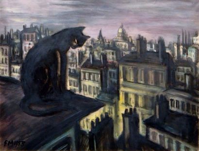 Frans MASEREEL (1899-1972) 
Le chat sur les toits de Paris
Gouache, signée du monogramme...