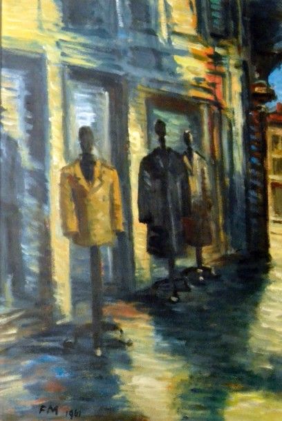 Frans MASEREEL (1899-1972) 
Mannequins habillés devant la boutique du tailleur
Huile...