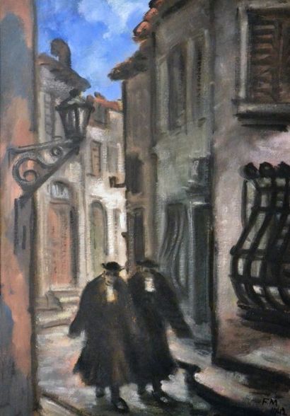 Frans MASEREEL (1899-1972) 
Deux prêtres en conversation dans une ruelle d'un village...