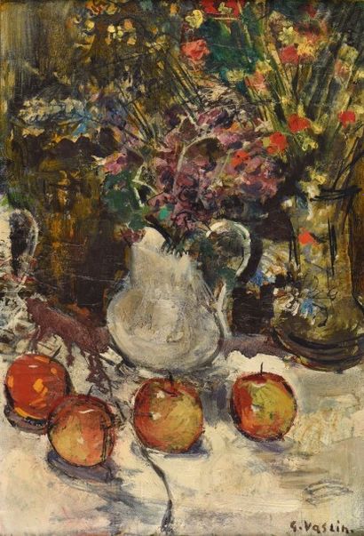 Georges VASLIN (né en 1921) 
Nature morte aux pommes et fleurs
Huile sur toile, signée...