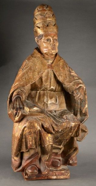 null Grande statue en bois sculpté doré et polychrome figurant un pape coiffé de...