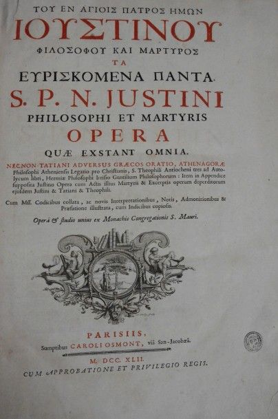 JUSTINIEN (Philosophi et martyris) OPERA QUAE EXSTANT OMNIA... PARIS, OSMONT, 1742.
Un...