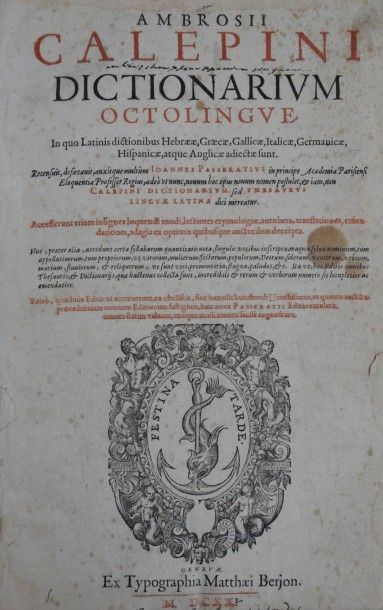 CALEPINI (Ambrosii) DICTIONARIUM OCTOLINGUE... GENÈVE, BERJON, 1620.
Deux volumes,...