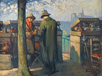Louis FORTUNEY (1875-1951) 
Bouquinistes sur les quais de Seine à Paris
Huile sur...