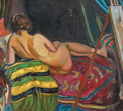Jean PUY (1876-1960) 
Nu sur le divan de dos lisant, 1919
Huile sur toile, signée...