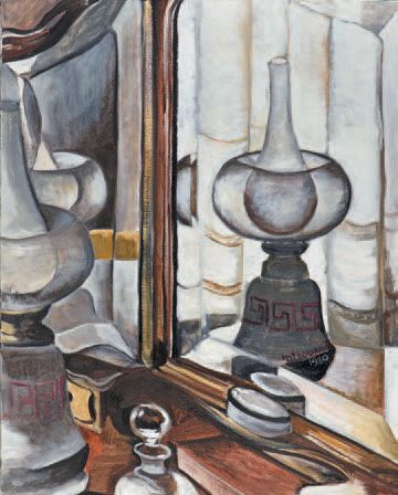 Marie-Thérèse BOURRAT (née en 1938) 
La lampe devant le miroir
Huile sur toile, signée...