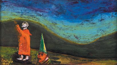 EVARISTO (1923-2009) 
Deux personnages dans un paysage nocturne
Gouache, signée et...