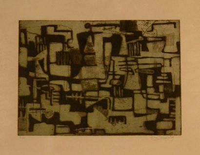 Mina CARLISKY (XXe siècle) 
Composition abstraite
Eau forte et aquatinte, signée...