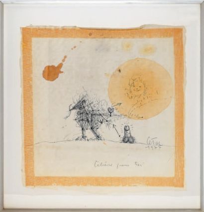 César (1921-1998) 
Poulette amoureuse
Encre sur fragment de nappe en tissu, signée,...