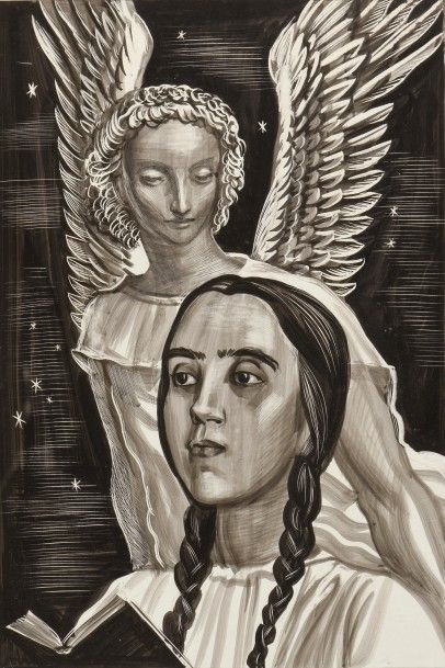 Albert DECARIS (1901-1988) 
Jeune fille et l'ange
Réunion du dessin original à l'encre...