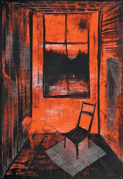 Cristine GUINAMAND (née en 1974) 
La chambre rouge
Acrylique sur panneau, signée...
