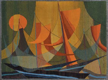 Denise BINET (XXe siècle), pour Ancela BAUMEISTER 
Composition sur fond orange et...