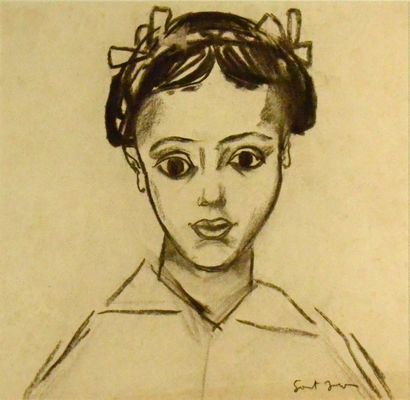 Marcel SAINT-JEAN (1914-1994) 
Portrait d'une jeune fille aux rubans dans les cheveux
Fusain,...